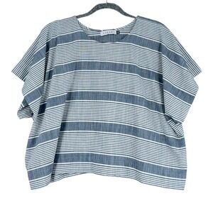 ASKARI XS/S Blue Striped Cotton Boxy Top Short Sleeve Relaxed‎ Fit Women's